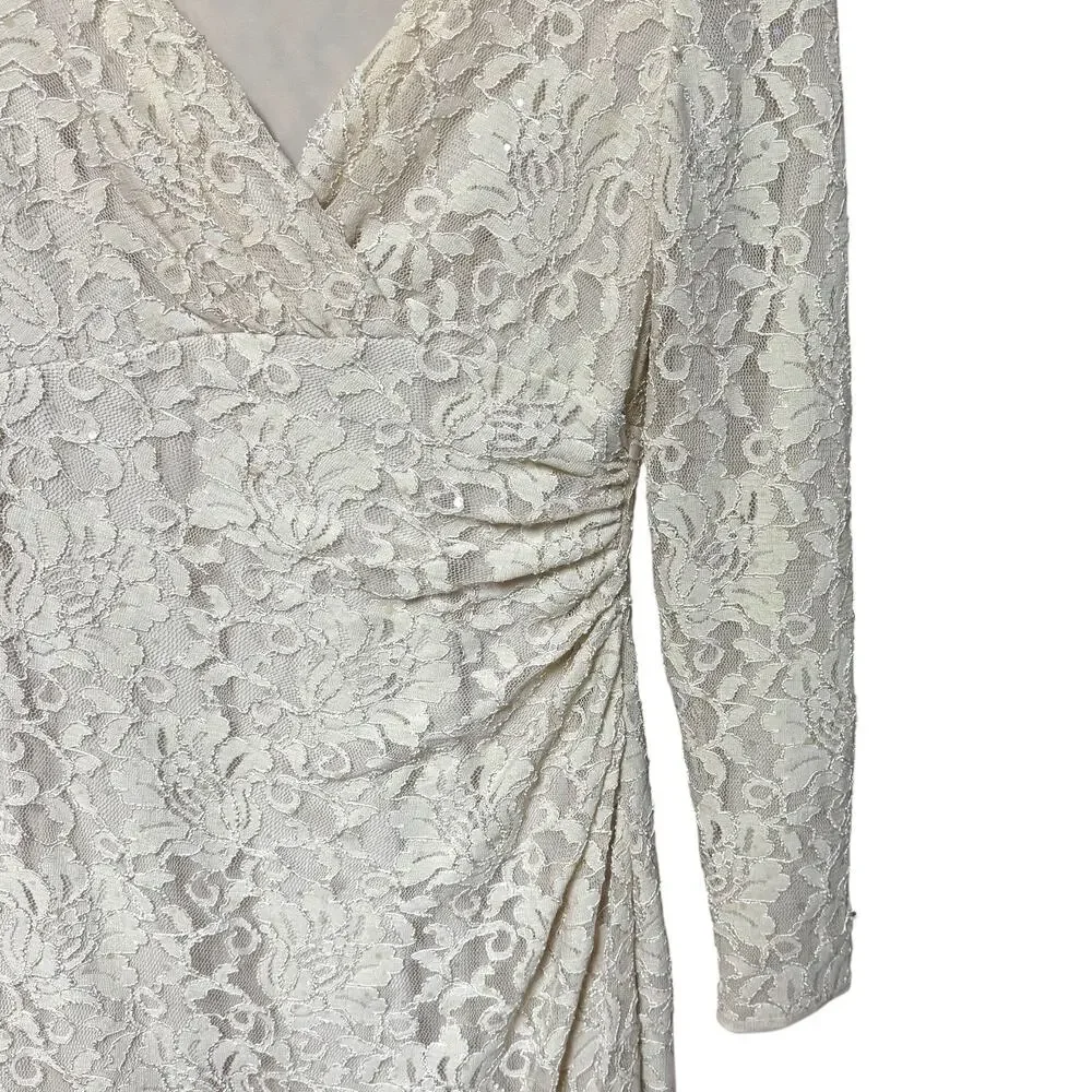 Lauren Ralph Lauren V-Neck Lace Long Sleeve Dress Cream 6